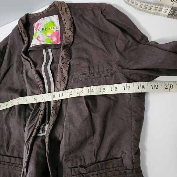 FREE PEOPLE Women’s Brown Lace Lapel Ruffle Linen Blend Peplum Blazer Jacket 4 - Picture 6 of 7